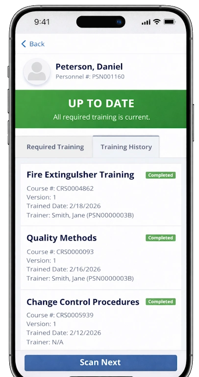 Training History panel showing a full list of training sessions with status badges