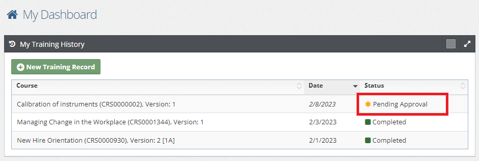 My Dashboard Pending Approval